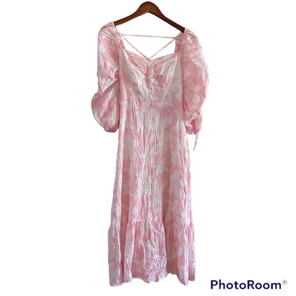 Missguided | Dresses | Missguided Puff Sleeve Tie Back Midi Pinkwhite  Floral Lined Dress Size 6 Nwt | Poshmark